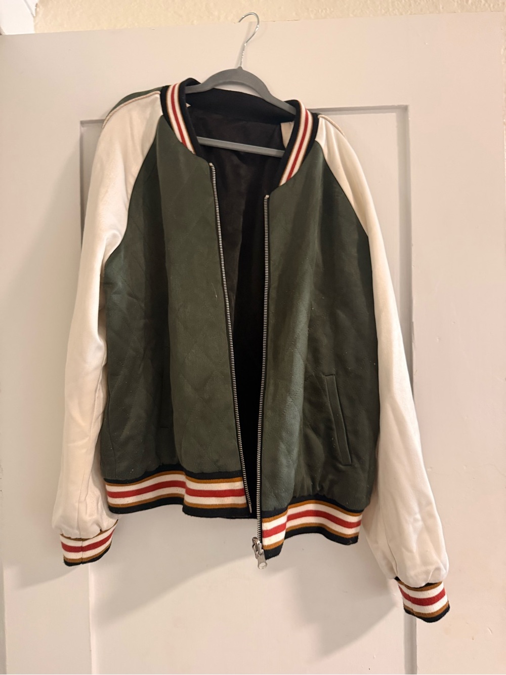 Free People Women’s Green and White Varsity Bomber Jacket, Reversible
